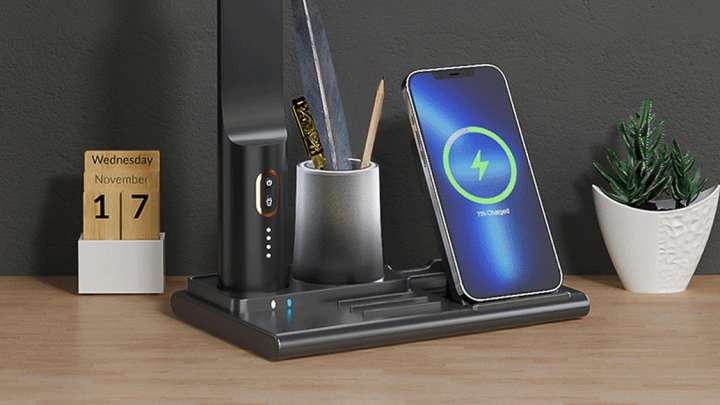 3in1充電スタンド ワイヤレス充電器 テレワークのデスクにちょうどいい！ライト・ペン立て・ワイヤレス充電
