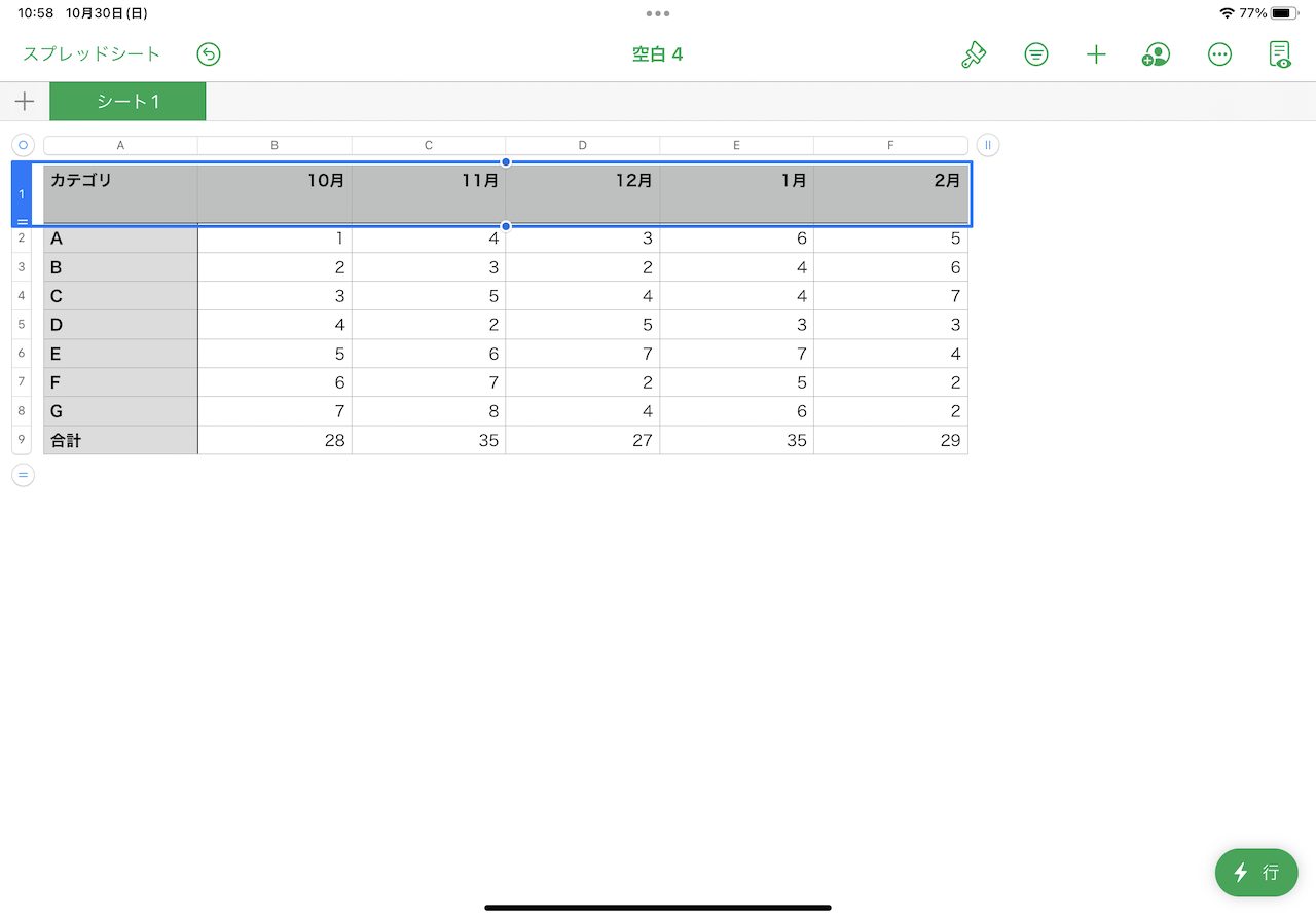 iPadのNumbersの画面