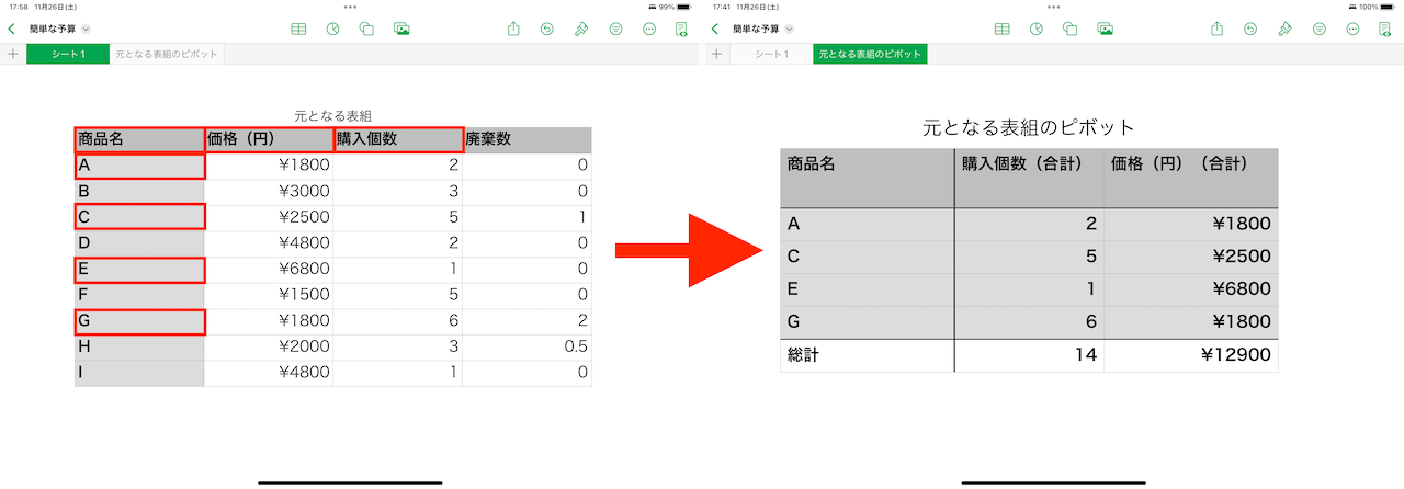 Numbersの操作手順画面