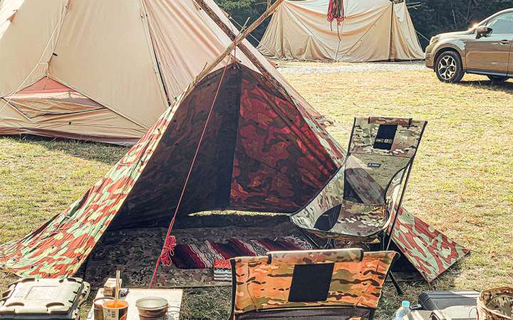 テントやシェルターを建てるとき、現地調達した枝付きの木で作った