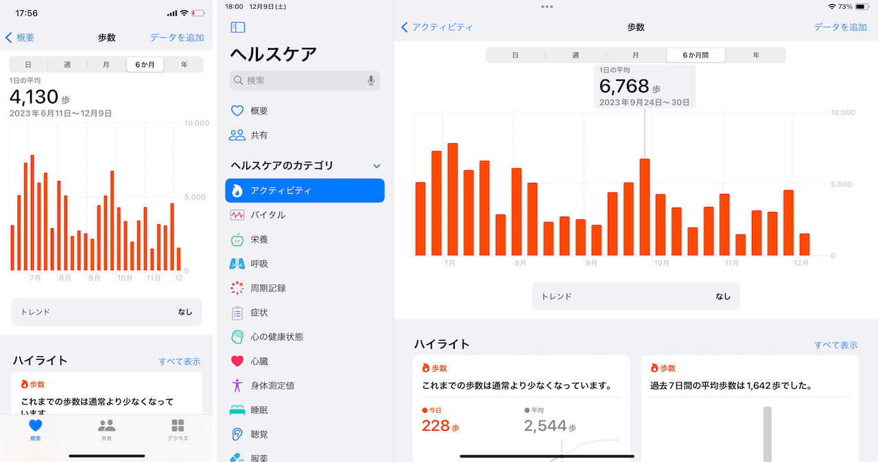 iOS版「ヘルスケア」アプリとiPadOS版でグラフの表示のされ方の違いをチェック