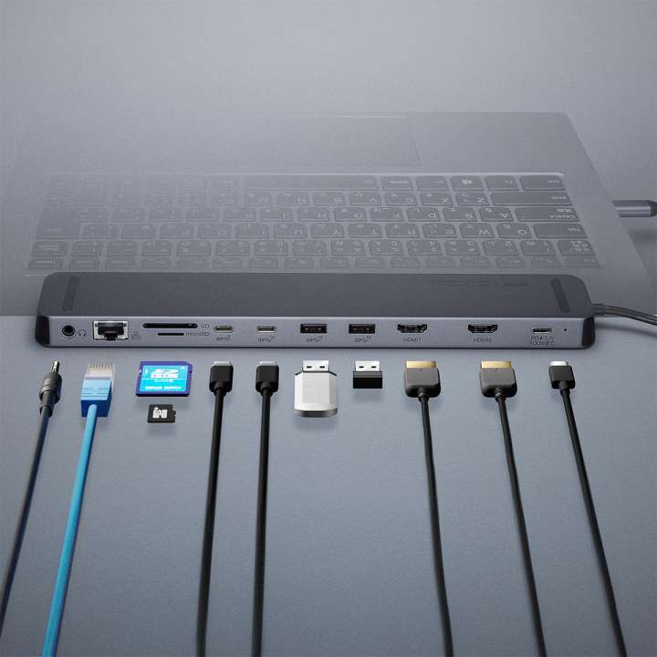 PCの下にスッキリ設置できる11in1ドッキングステーションで机の