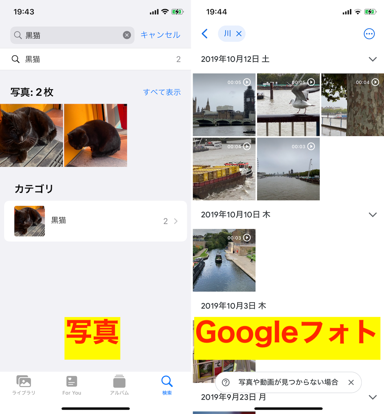 「写真」アプリと「Googleフォト」の検索機能画面