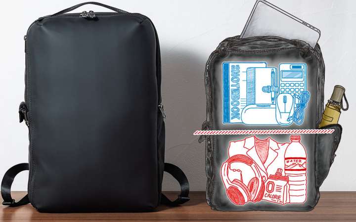 すっきり見た目のビジネスリュックは内部が二階建て構造。だから荷物を