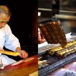 ▲左：参道の名物、鰻職人の大将が鰻を捌く様子。右：表面を香ばしく焼き上げる姿も見られる