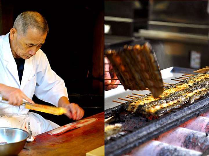 ▲左：参道の名物、鰻職人の大将が鰻を捌く様子。右：表面を香ばしく焼き上げる姿も見られる