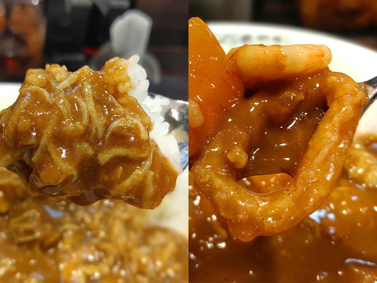 ▲筆者のおすすめトッピングは「チキンにこみ」と「イカフライ」