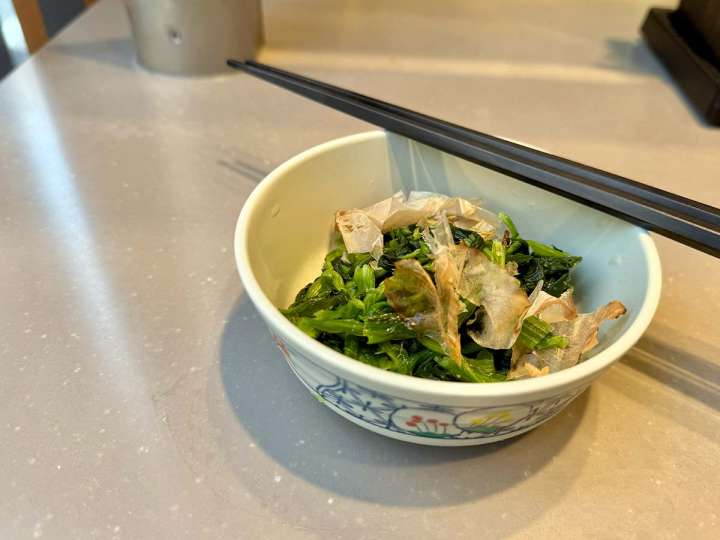 ▲「ほうれん草のおひたし」で食物繊維とカリウム摂取