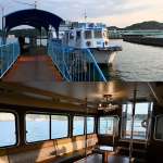 ▲ホテル専用の船に乗って宿へ向かう優雅さが魅力。下は船内の様子