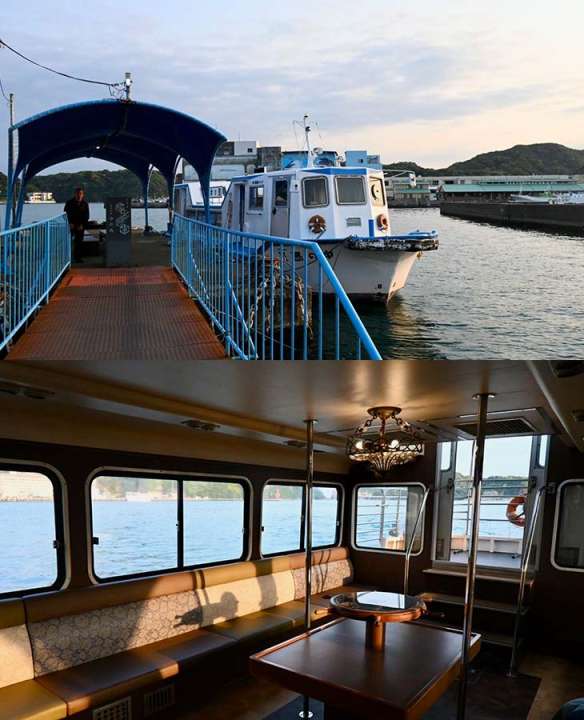 ▲ホテル専用の船に乗って宿へ向かう優雅さが魅力。下は船内の様子