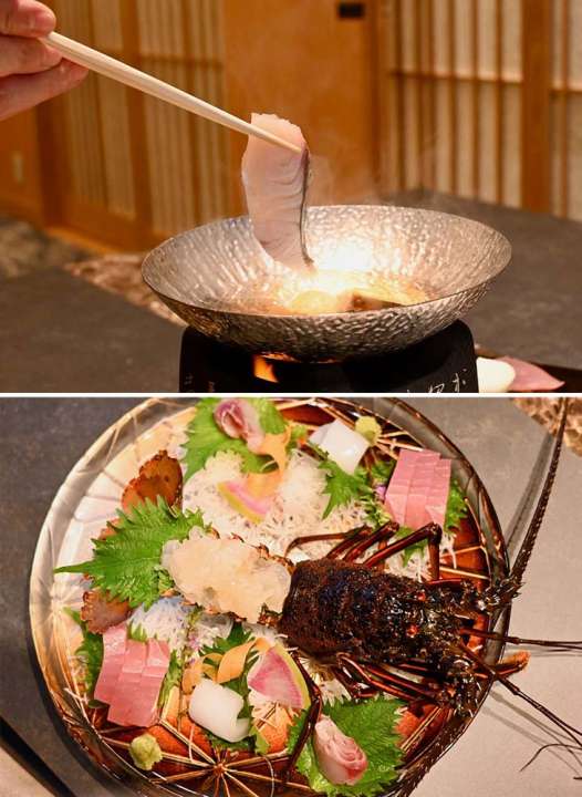 ▲上：「桜びんちょう鮪と鰆のしゃぶしゃぶ」、下：「伊勢海老 本日の熊野灘、枯木灘で獲れた鮮魚」
