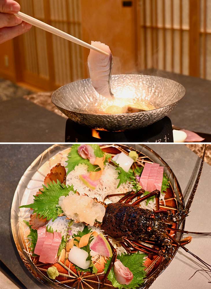 ▲上：「桜びんちょう鮪と鰆のしゃぶしゃぶ」、下：「伊勢海老 本日の熊野灘、枯木灘で獲れた鮮魚」