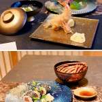 ▲上:熊野海老のフライ。左奥は鮑炭煮麺、右奥は熊野牛の野田焼き、下:ごはんの最後には和歌山の名物、ケンケン鰹の桜海苔巻も。結びの神米を使用。豪華な「伊勢海老の合わせ味噌仕立て」と一緒に