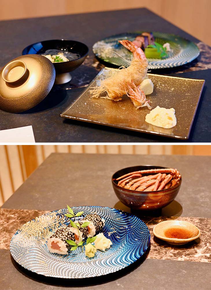 ▲上：熊野海老のフライ。左奥は鮑炭煮麺、右奥は熊野牛の野田焼き、下：ごはんの最後には和歌山の名物、ケンケン鰹の桜海苔巻も。結びの神米を使用。豪華な「伊勢海老の合わせ味噌仕立て」と一緒に